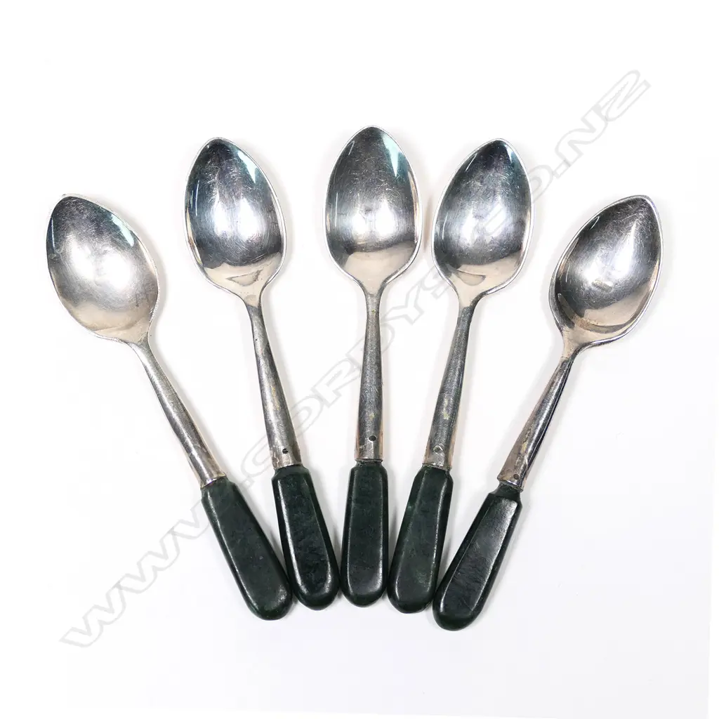 Joseph Swindell & Son (Christchurch) silver and greenstone five coffee spoon set, Image 1++